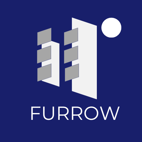 Logo with abstract building shapes and a circle on a dark blue background.